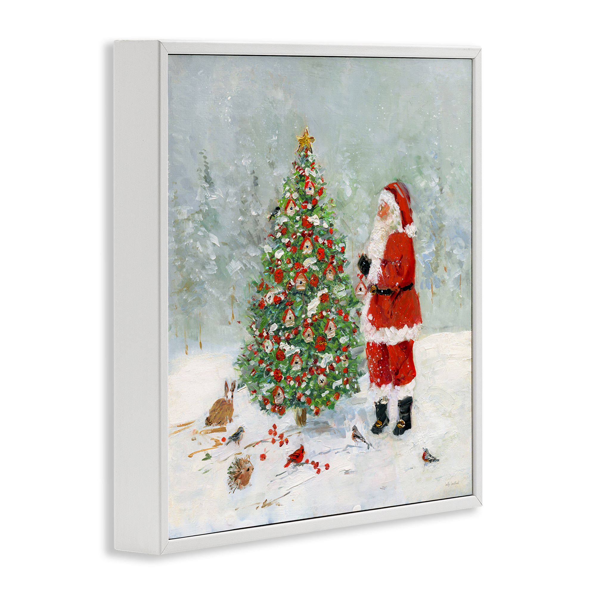 Stupell Industries Santa with Birdhouse Tree Holiday Painting White Framed Art Prints Wall Art, 17 x 17