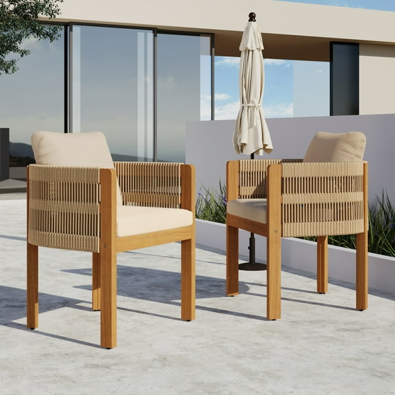 Christopher Knight Home Outdoor Wood Dining Chairs with Rope-Wrapped Arms, Teak Beige, Set of 2