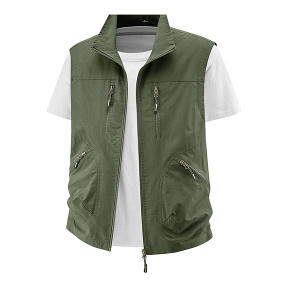 VeFlora Men's Lightweight Outdoor Utility Vest, Multi-Pocket Sleeveless Fishing Hiking Vest with Zipper Pockets, Breathable Quick Dry Casual Vest(Army Green/L)
