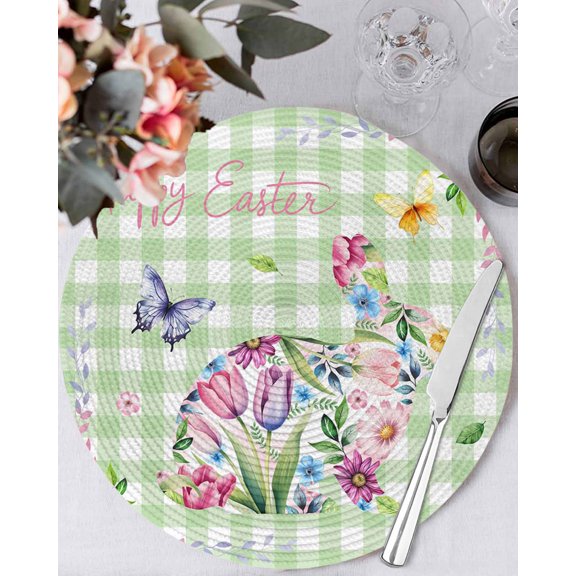 15 Inch Round Placemats Set of 6, Easter Bunny Non Slip Heat Insulation PP Table Mats, Spring Flower Daisy Tulips Green Checkered Washable Place Mats for Kitchen Dining Party Table Decor