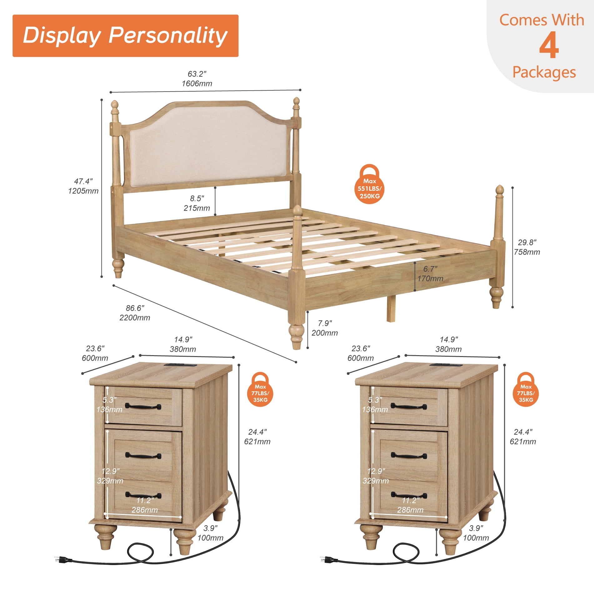 3 Piece Bedroom Set, Queen Bed Frame & 2 Nightstands with Charging Station, 1 Drawer & Storage Cabinet, Oak