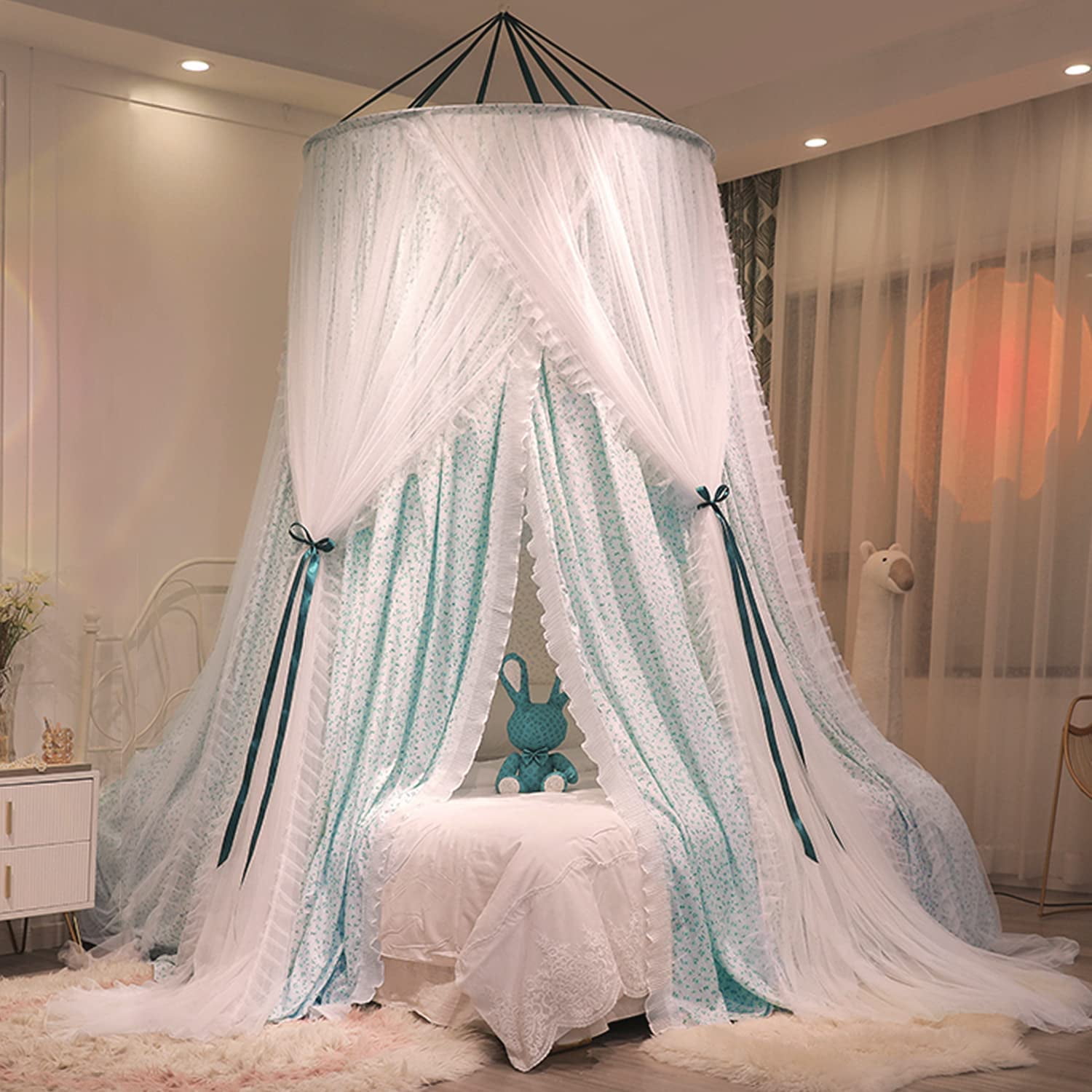 Luxurious Bed Canopy for Girls & Adults, Large Elegant Double Layer Bed Curtain Canopy Drapes, Round Dome Lace Princess Canopies Netting (Fresh)