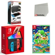 Nintendo Switch OLED Console Neon Red & Blue with Yoshi's Crafted World, Accessory Starter Kit and Screen Cleaning Cloth Bundle