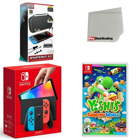 Nintendo Switch OLED Console Neon Red & Blue with Yoshi's Crafted World, Accessory Starter Kit and Screen Cleaning Cloth Bundle
