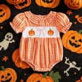 thumbnail image 2 of Staki Baby Girl Halloween Outfit Cute Infant Plaid Pumpkin Bubble Romper Short Sleeve Bubble Romper Halloween Newborn Girl Outfit, Baby Pumpkin Clothes(Orange,0-3 Months), 2 of 5