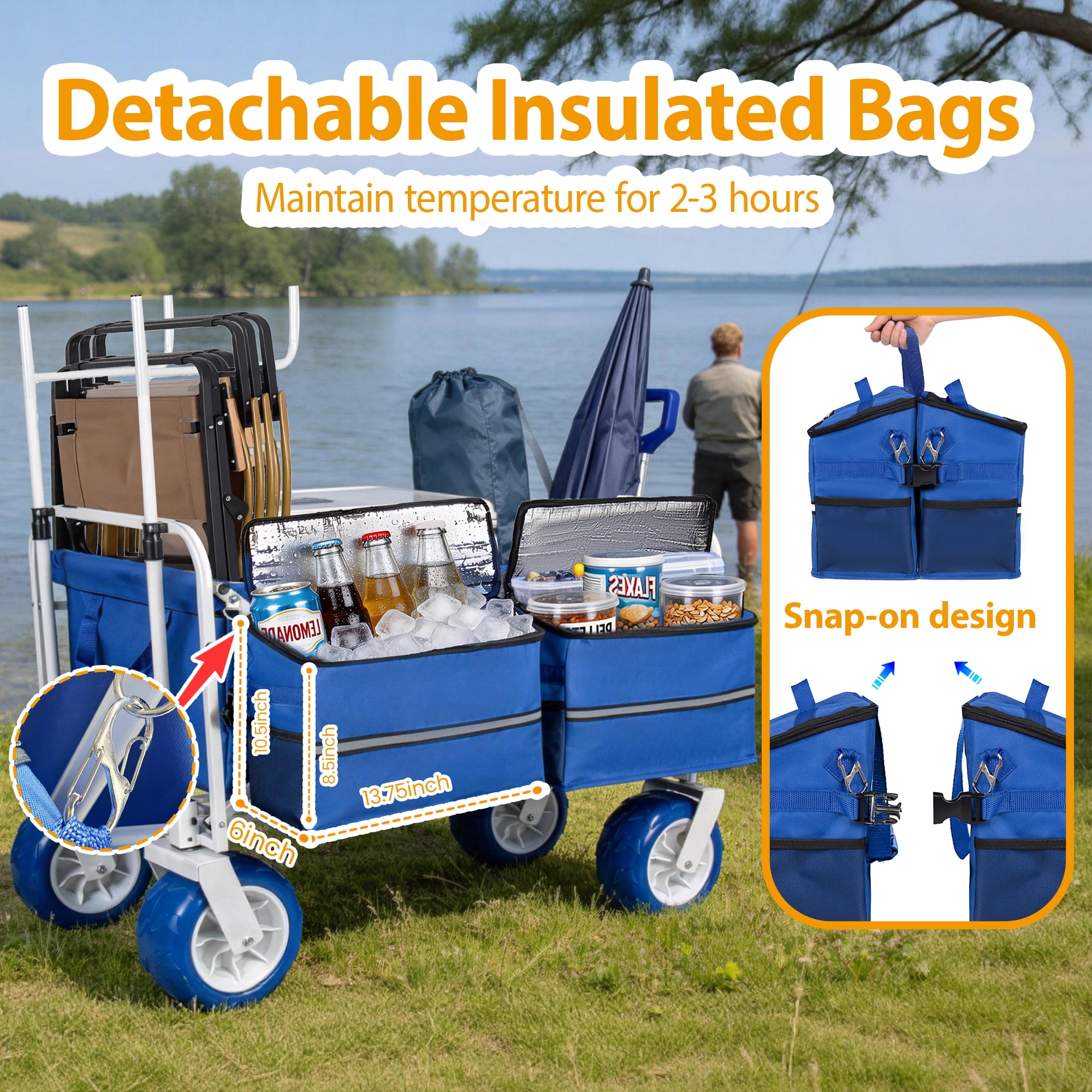 Beach Wagon Cart Chair Racks 9 Inch All-Terrain Wheels 500lbs Heavy Duty Collapsible Folding Wagon Adjustable Handle Cooler Storage Bags Beach Camping Garden Outdoor Sports Blue