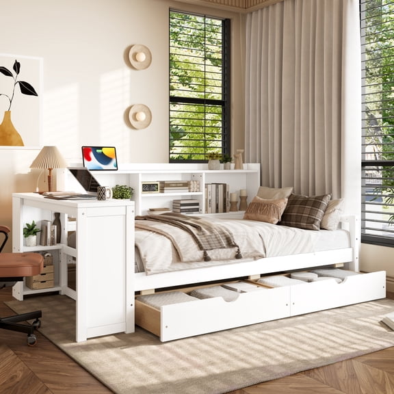 Twin Size Corner Daybed with Storage Drawers & Desk & Charging Port & Bookcase of White Color