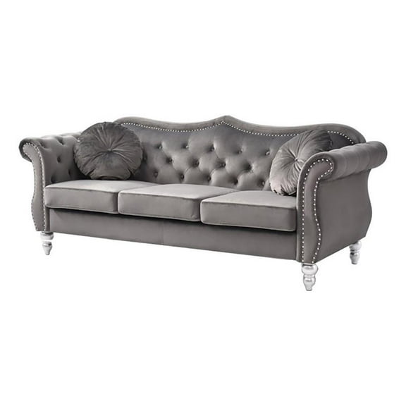 Pemberly Row17" Transitional Velvet Tufted Sofa with 2 Pillows in Dark Gray