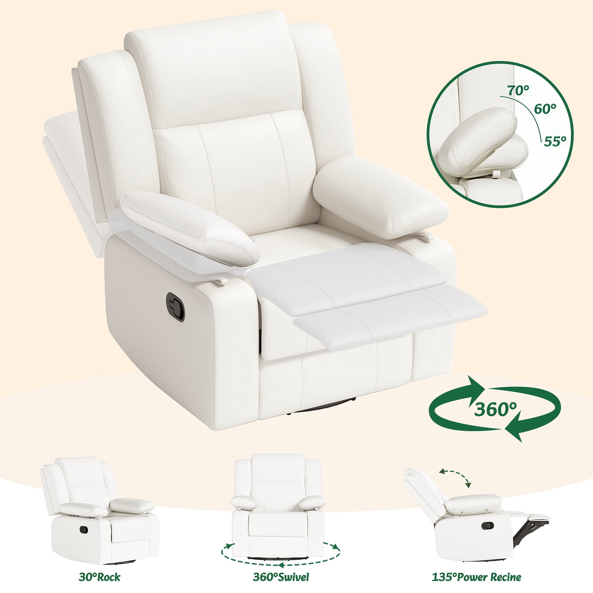 LAZZO Recliner Chair with Adjustable Armrest and Headrest, Upholstered Swivel Rocking Chair for Nursery & Living Room, Beige