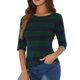 thumbnail image 4 of Camisetas de rayas para mujer Inspire Chic, corte ajustado, mangas de codo, cuello barco, T-shirt M verde marino, 4 of 6