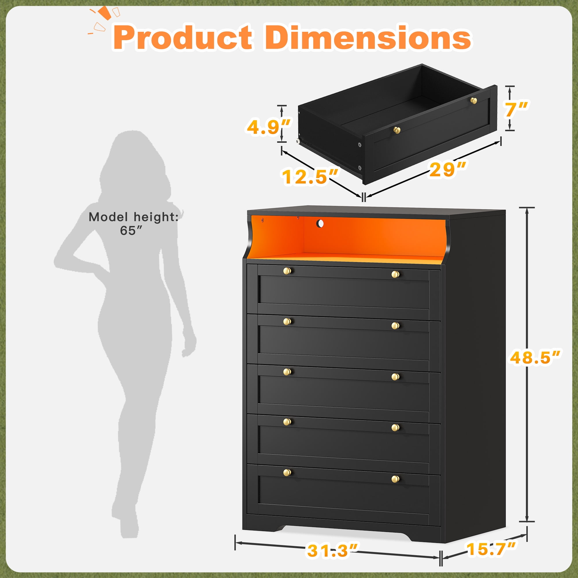 Black Dresser for Bedroom with 5 Drawers,Modern Chest of Drawers with LED Lights and 2 Shelves for Living Room,Hallway
