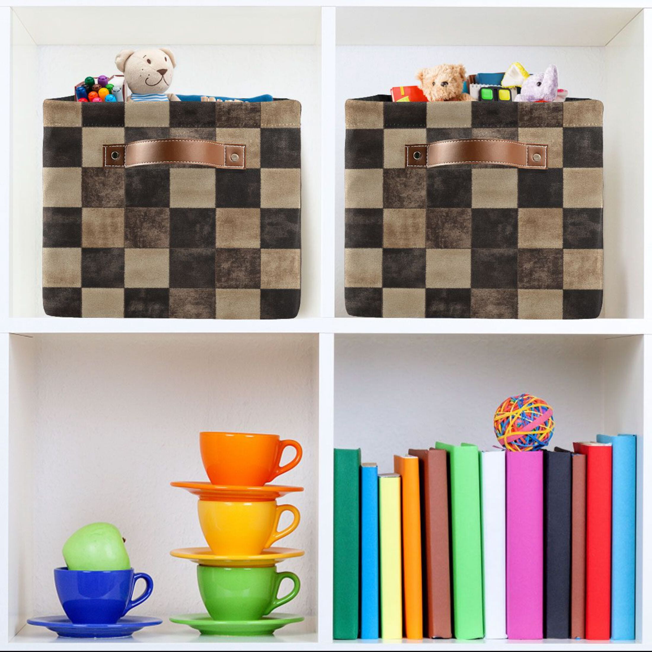 Brown and Black Tartan Foldable Storage Basket,Canvas Fabric Foldable Storage Bins with Handles Open Home Storage Bins Boxes for Toy Book Shelf Closet Baskets