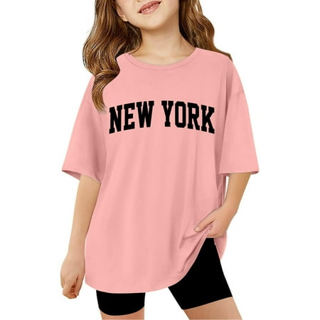 Tfken Summer T-Shirts For Girls Letter Print Crew Neck Short Sleeve Tops Fashion Casual Daily Wear Kids Comfortable Shirts Pink Size 13-14 Years