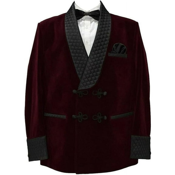 Smoking Jacket, Men Double Breasted Luxury Velvet Burgundy Cigar Robe for Dinner,Wedding,Party & All Ocasion