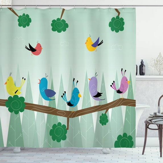 Forest Friends Shower Curtain, Cartoon with Colorful Cute Happy Birds on Branch Nursery Themed Print, Fabric Bathroom Set with Hooks, 69W X 70L Inches, Multicolor, by Ambesonne
