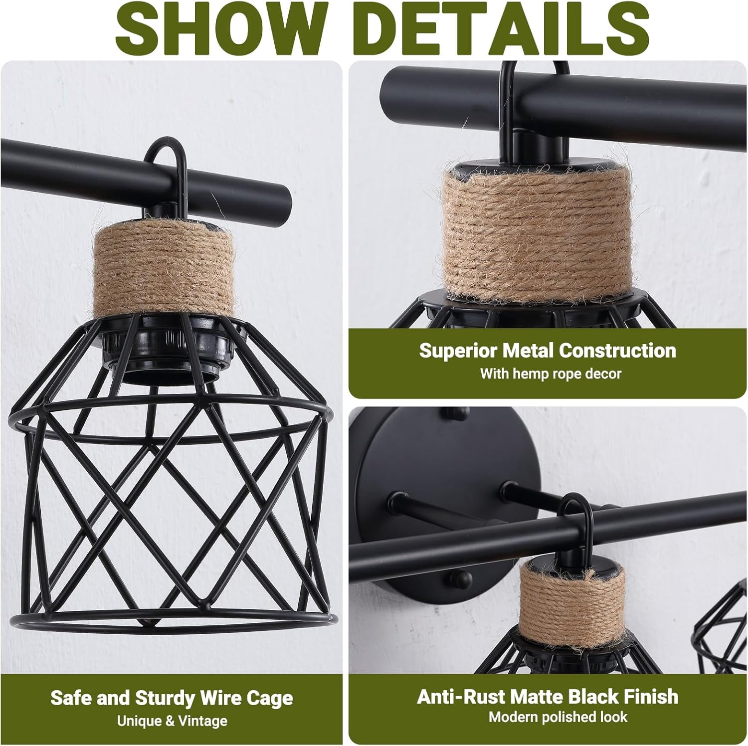 3-Light Farmhouse Bathroom Vanity Light Fixtures over Mirror Matte Black Bathroom Vanity Light Fixtures with Metal Cage Lampshade for Living Room Bedroom Hallway Cabinet