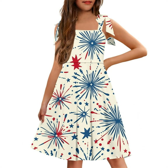 Abcomgle Summer Dress for Girls 14-16 Casual Tie Shoulder Sleeveless Girls Cami Dresses Firework Stars Stripes Square Neck Sundresses Flare Swing Dresses with Pockets 4-5 Years ,Beige