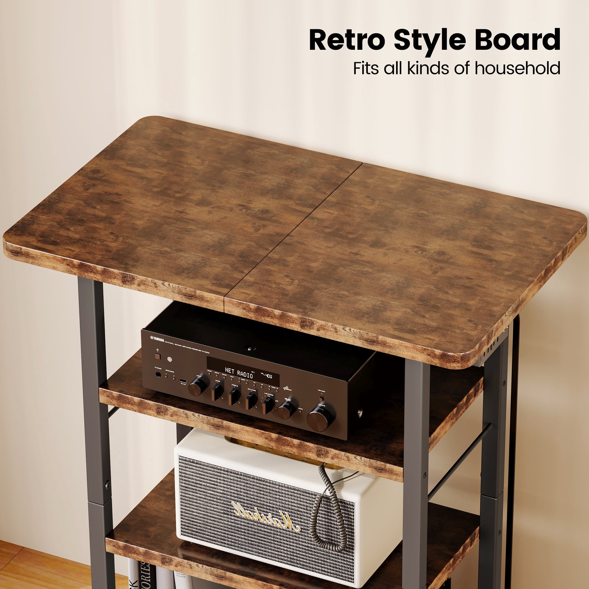 Homeiju 4-Tier AV Media Stand with Power Outlet, Wooden Record Player Stand, Entertainment Center with Storage Shelves, Stereo Stand DVD Stand for Bedroom, Living Room, Brown