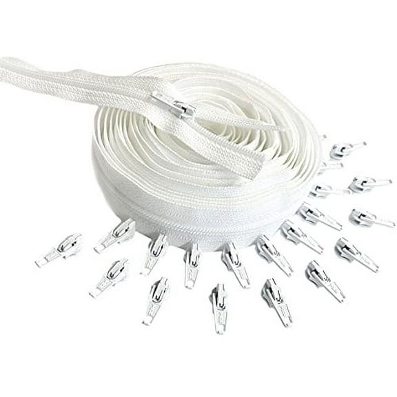 #3 Nylon Coil Continuous Zipper Chain by The Yard Make-A-Zipper 5 Yards with 20 Automatic Lock Zipper Pulls Same Color for DIY Sewing Crafts or Bags (White #501)