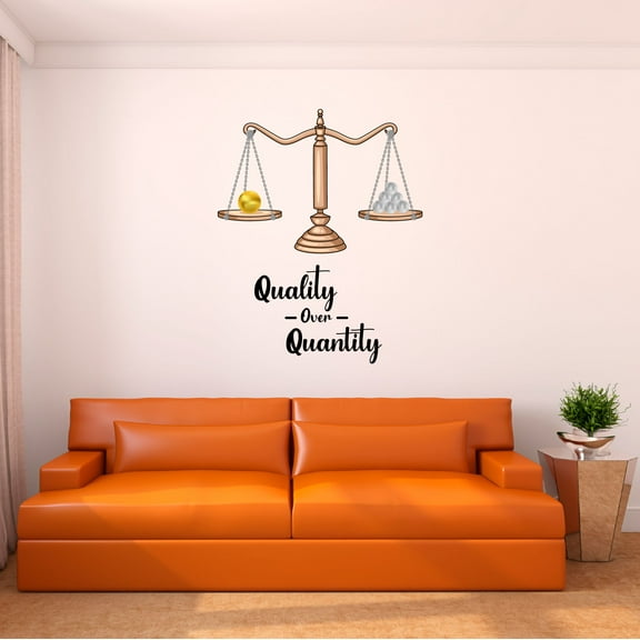 Home Wall Decal - Quality over Quantity - Vibrant Quote Design Weight Scale Weighing Gold and Silver Balls - Proudly Hand Made Decal - Size: 6 In(W) x 8 In(H)
