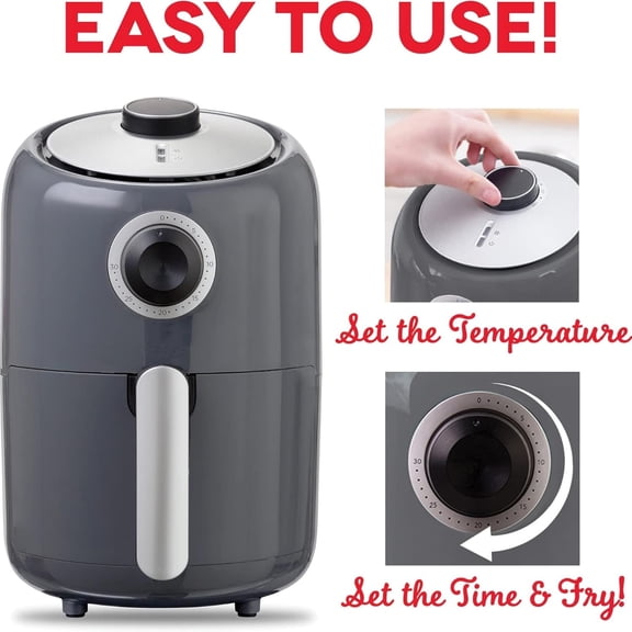 Compact Air Fryer Oven Cooker with Temperature Control, Non-stick Fry Basket, Recipe Guide   Auto Shut off Feature, 2 Quart - Grey