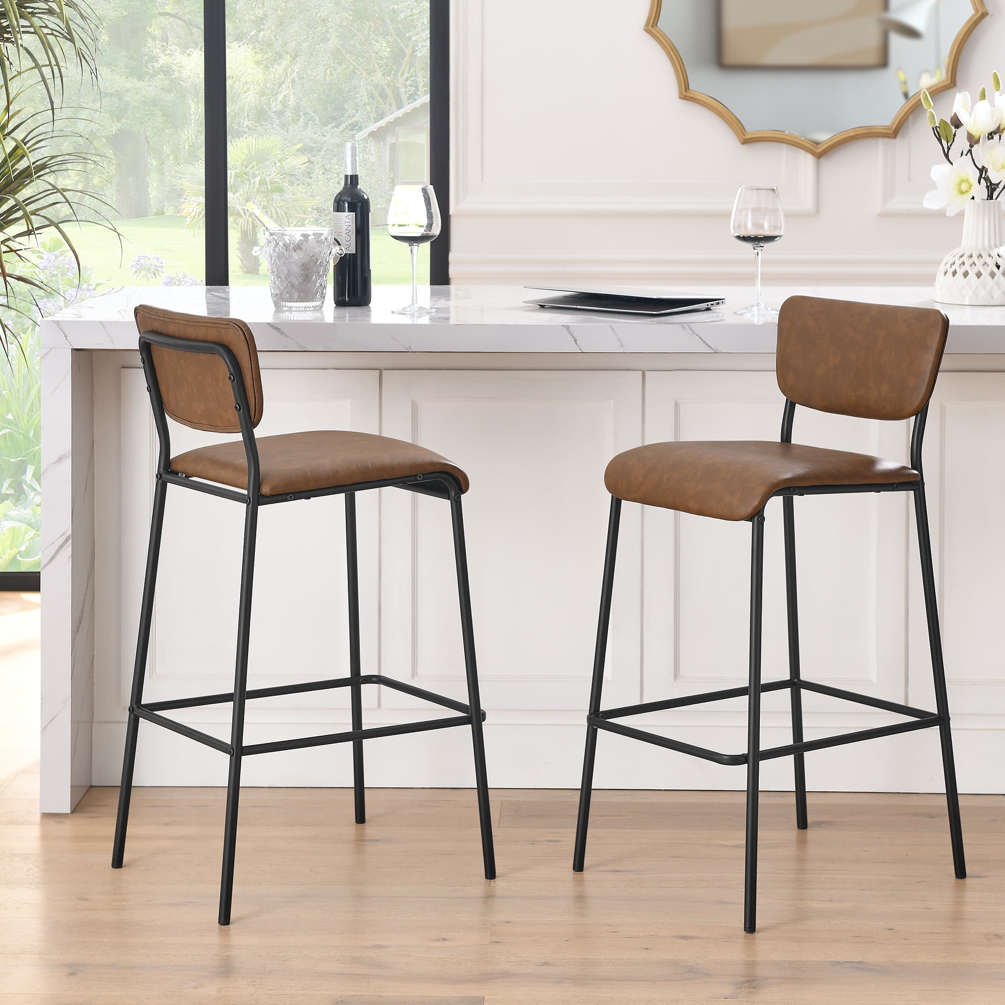 2 PCS Bar Stools, PU Leather Backstools with Footrest, Metal Base ...