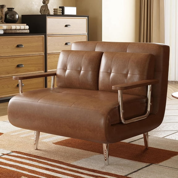 39" 3-in-1 Modern Convertible Sofa Bed, Brown Deep Seat Sleeper Put Out Faux Leather Chair Sturdy Metal Frame Foam Filling For Living Rooms, Offices