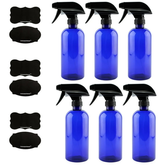Cornucopia Brands 16oz Blue PLASTIC Spray Bottles w/ Mist & Stream Sprayers (6-Pack); PET #1 BPA-Free, Use for DIY, Kitchen, Hair