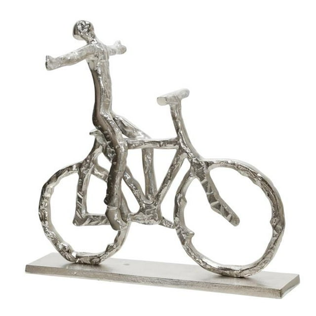 Benjara BM221036 13 in. Metal Frame Man on Bicycle Sculpture, Silver