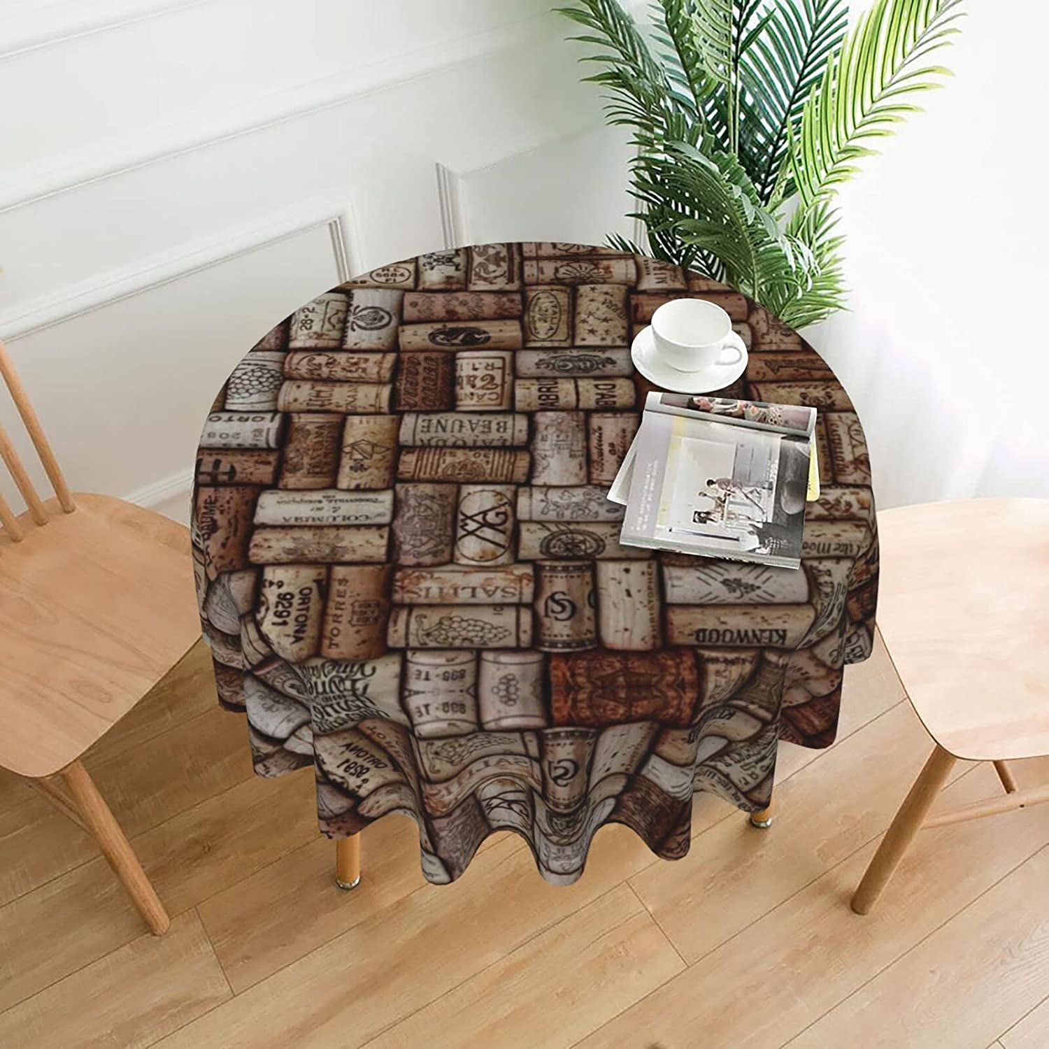 Wine Cork Round Tablecloth 60 Inch Polyester Table Cloth Decorative