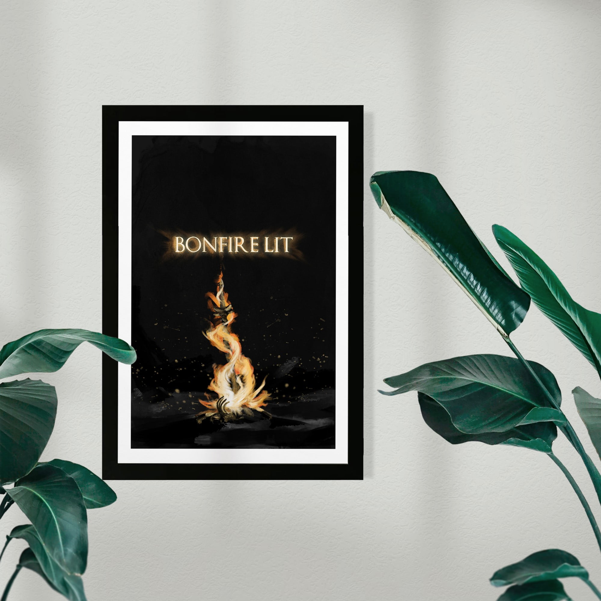 Wynwood Studio Entertainment and Hobbies Framed Wall Art Prints 'Bonfire Lit Print' Video Games Home Décor - Black, Gold, 13" x 19"