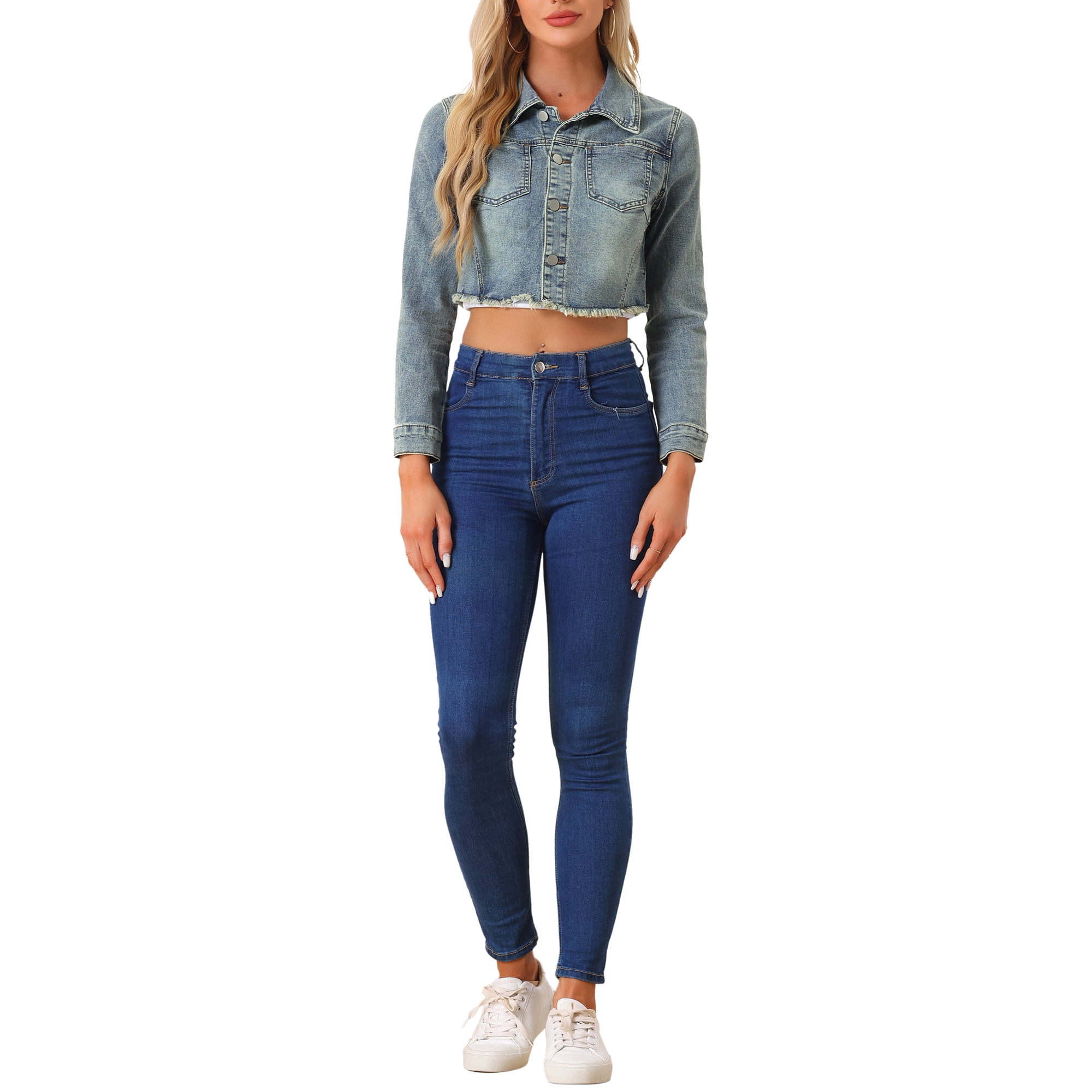 High waisted jeans and crop top with jacket hotsell