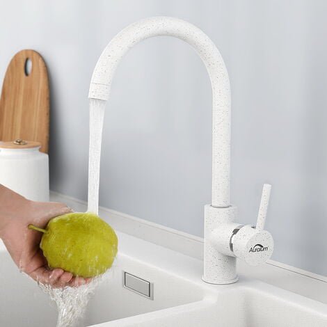 Grifo de cocina con caño alto, mezclador monomando para fregadero, giratorio 360°, grifo mezclador de cocina de agua fría y caliente de latón con aireador extraíble, forma de U, blanco