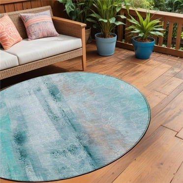 HomeRoots 561692 8 ft. Round Teal Round Washable Non Skid Indoor Outdoor Machine Woven Area Rug