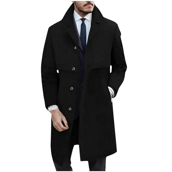 Penkiiy Trench Coat Men Slim Notched Collar Long Jacket Single Breasted Wool Blend Overcoat Fall Winter Warm Pocket Pea Coat M Black