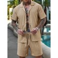 thumbnail image 5 of Men'S Camp Collar Jacquard Button Up Shirt and Drawstring Shorts Two Piece Outfit Khaki L, 5 of 8