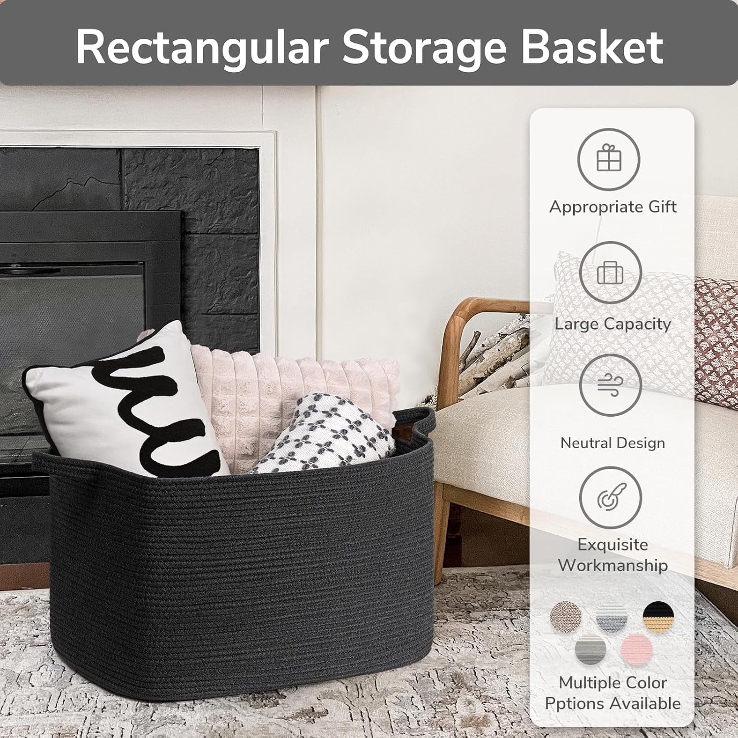 PrimeCook Shop Extra Large Storage Basket, 23.6" x 15.7" x 13.8" Rectangle Cotton Rope Basket for Blankets, Pillows, Toys, Woven Dirty Clothes Baskets for Laundry, Black