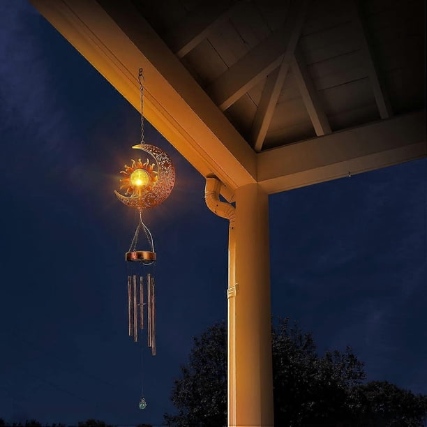 Solar Sun and Moon Wind Chimes, Outdoor Wind Chime with Cracked Glass Ball and S-Hook, Aluminum Tube Bells for Patio Home Decoration, Red Bronze