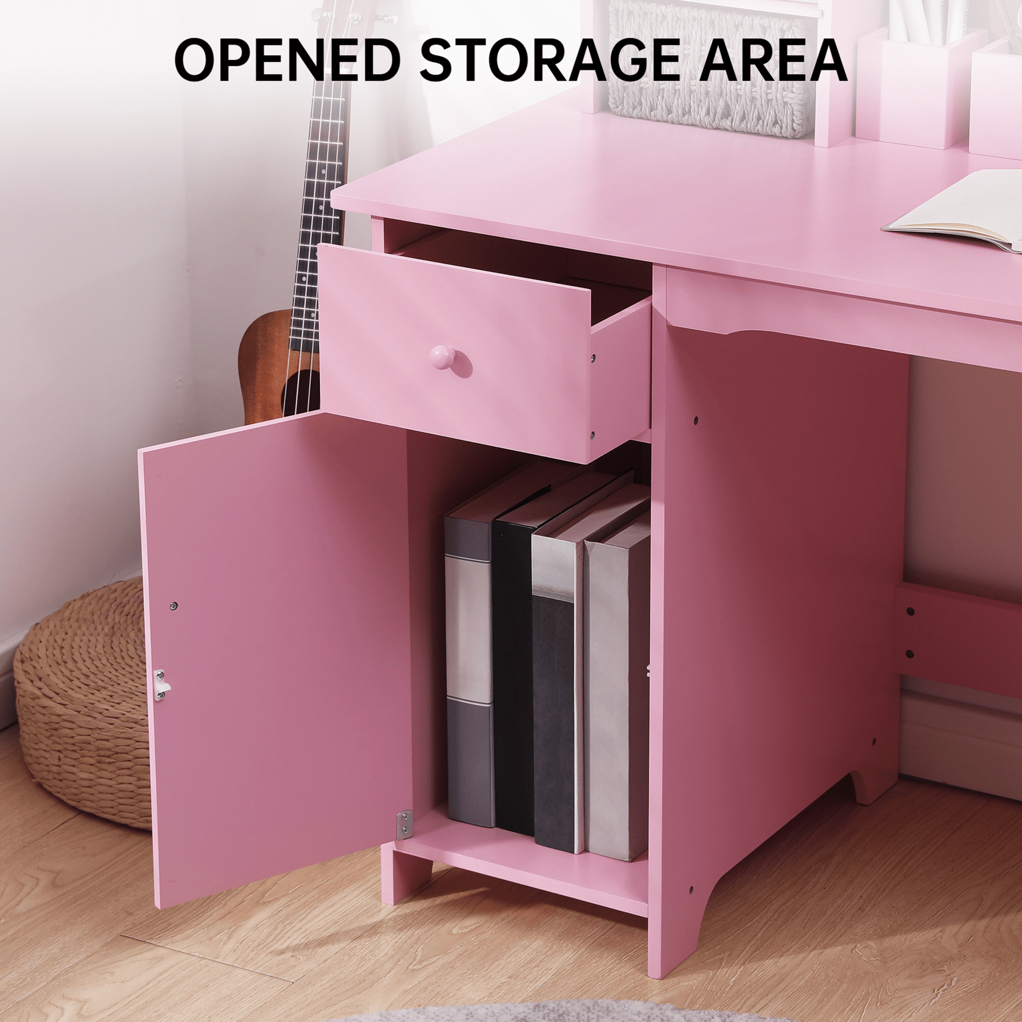 Kids Desk and Chair Set, Wooden Children Study Table with Storage Shelves, Cork Bulletin Board, Drawer and Cabinet, Pink, White