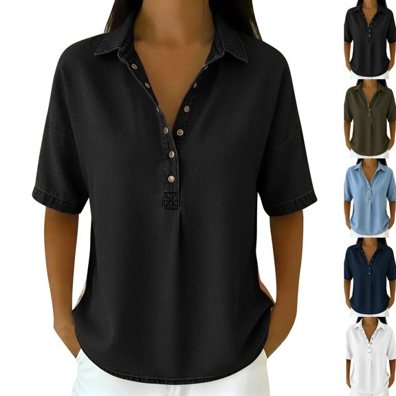 Jeans Shirt for Women Loose Fit Vintage Washed Denim T Shirt Summer Lightweight Going Out Jean Top Casual Polo Shirts Black 2XL