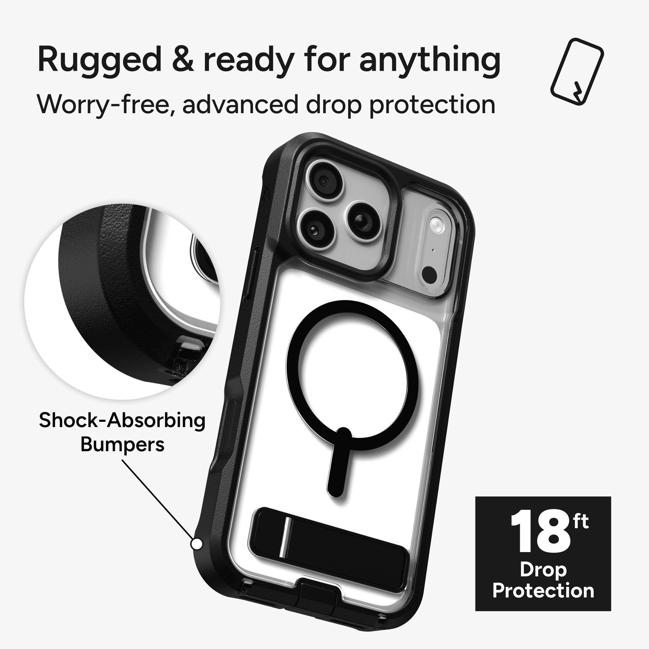 ZAGG Rugged Case - Apple iPhone 17e & 16e Case with MagSafe and Built-In Kickstand – Clear/Black