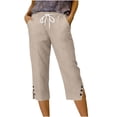 thumbnail image 5 of Hueook Womens Capri Pants Womens Golf Pants Women's SummerLinen Solid Color Loose Straight Leg Pants with Pockets Side Slit Buttons Cropped Pants Khaki XXL, 5 of 5
