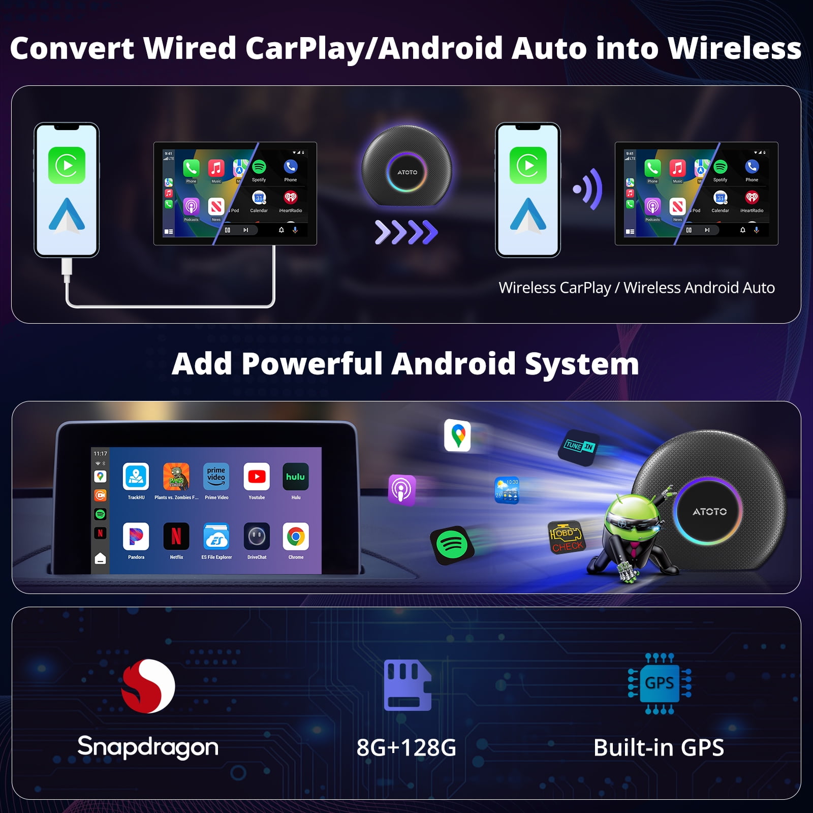 ATOTO Carplay Ai Box Gen2 AI Smart Box 8GB+128GB Wireless CarPlay
