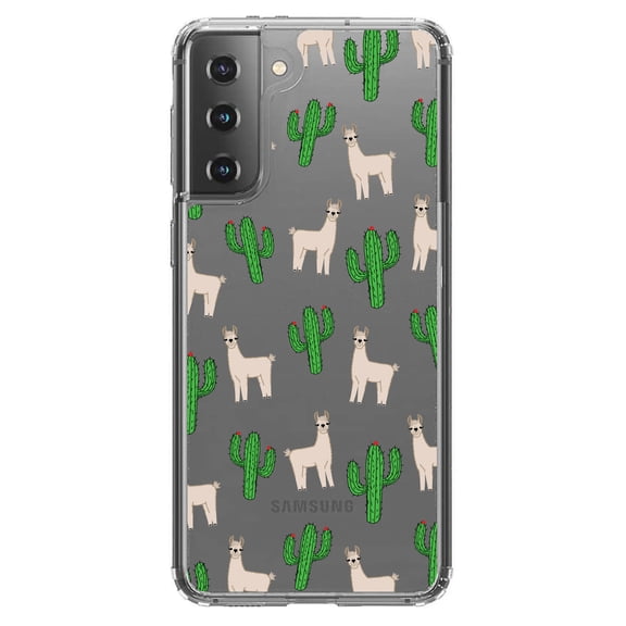 DistinctInk Clear Shockproof Hybrid Case for Galaxy S21  PLUS 5G (6.7" Screen) - TPU Bumper, Acrylic Back, Tempered Glass Screen Protector - Llamas and Cacti Cactus
