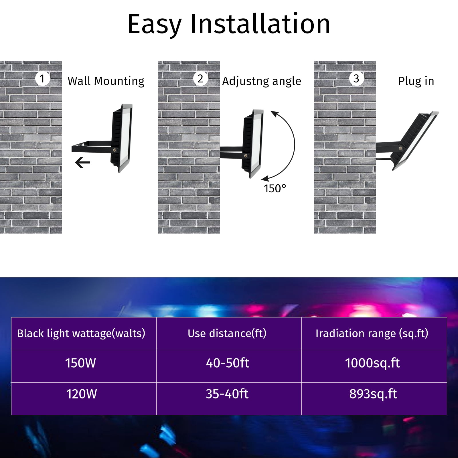 Ontesik 3-Pack 120W LED UV Black Light, Outdoor IP66 Waterproof, UV and Fluorescent Lighting