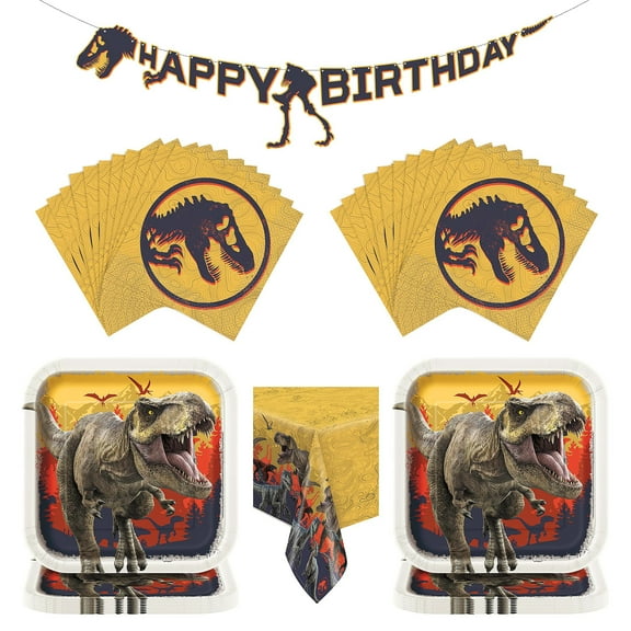 Multicolor Jurassic World Birthday Party Tableware and Banner Kit for 16 Guests
