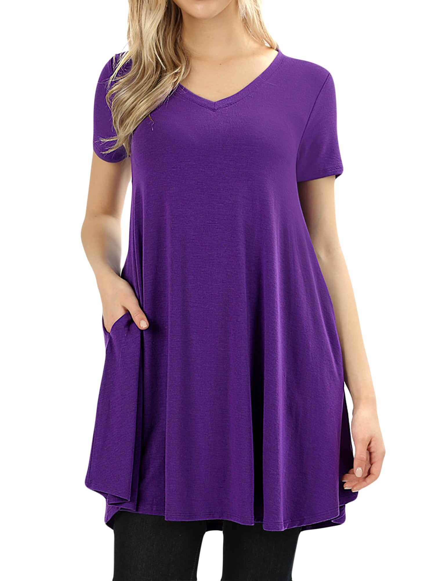 Women V-neck Short Sleeve Round Hem Flowy A-Line Tunic Top with Side ...
