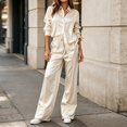 thumbnail image 2 of Xinoom Women's 2 Piece Satin Matching Set, Lapel Button Down Shirt & Drawstring Wide Leg Pants, Elegant Casual Outfit, Gift for Ladies, Dinner Gathering Beige,L, 2 of 8