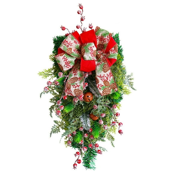 Giyblacko Couronnes de Noël Arbre Inversé de Noël à l'Envers Arbres de Noël Artificiels Arbre de Noël en Rotin Mural avec Nœud Porte en Rotin à l'Envers