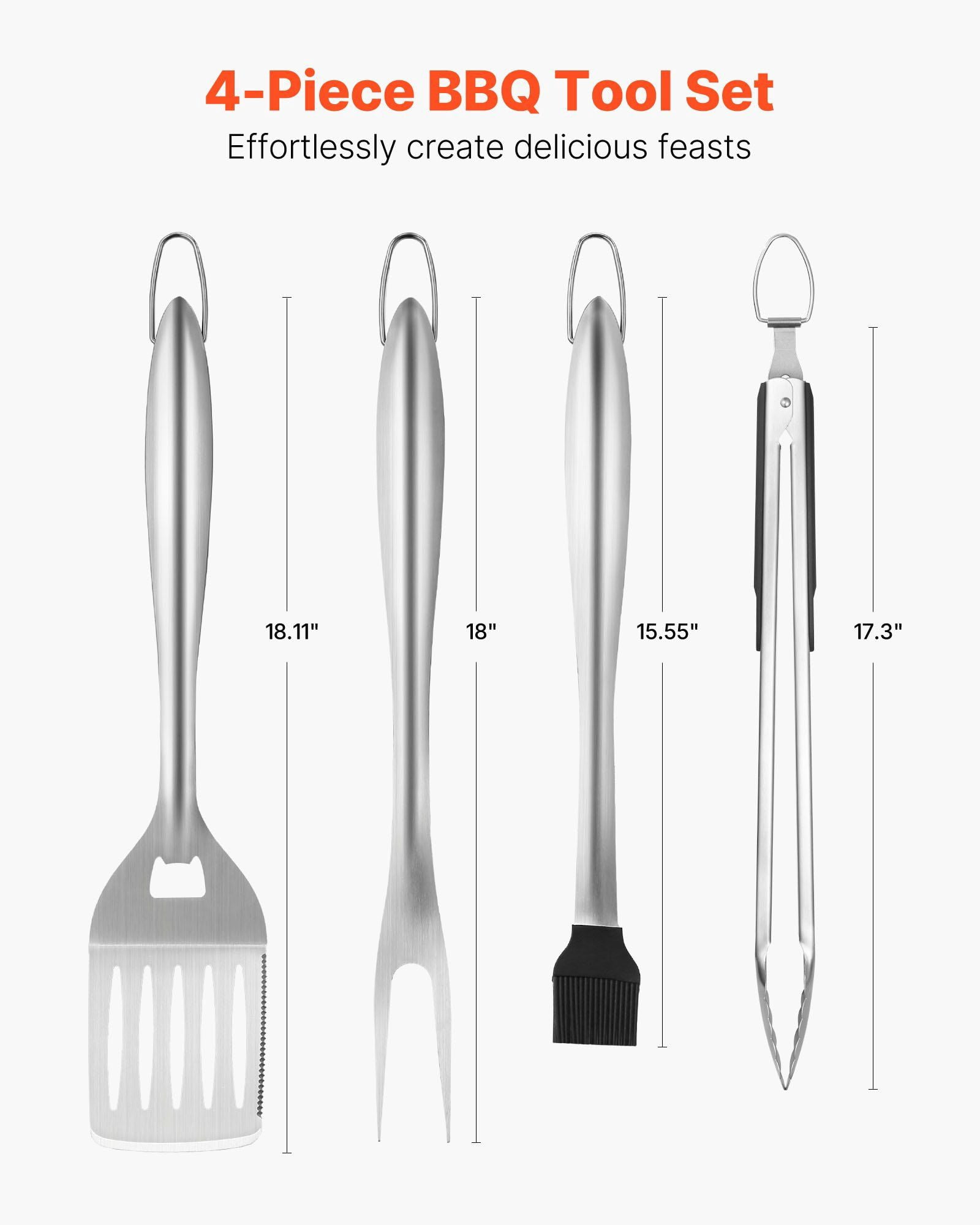 4PCS BBQ Grilling Tool Set Stainless Steel Barbecue Utensils with Spatula, Fork, Tong, and Brush, 3-in-1 Multi-Function Spatula, Dishwasher Safe, Hanging Loop Design, Perfect for Outdoor Cooking